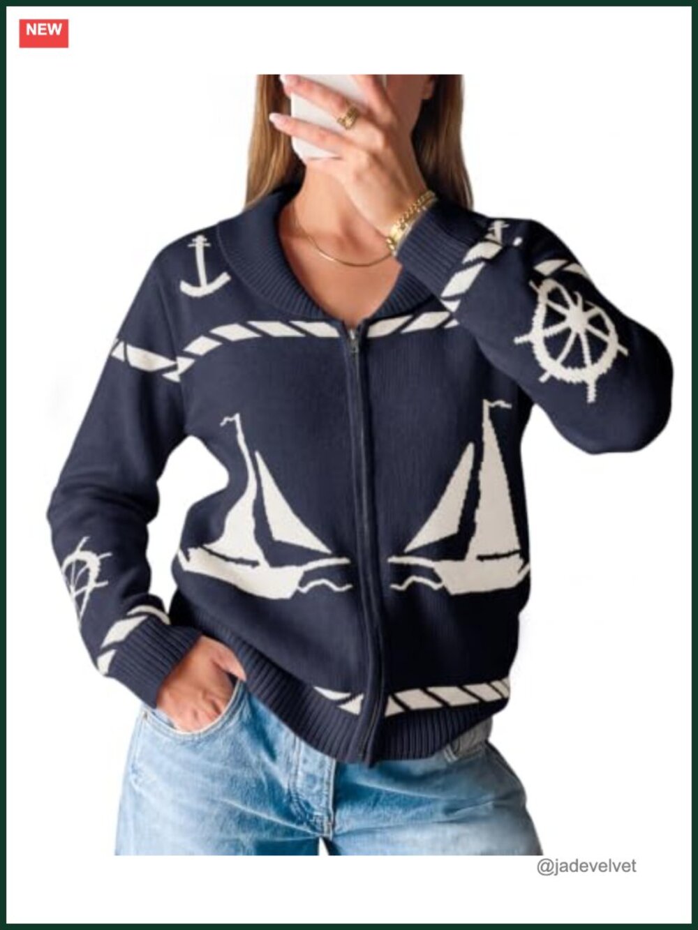 Womens Zip Up Collared Sweater Jacket Nautical Cardigan Knit